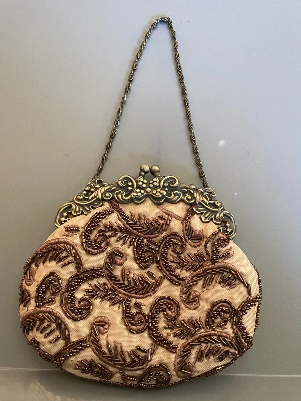 Ornate Beaded Satin Bronze & Cream Evening Clutch Metallic Frame Chain Strap